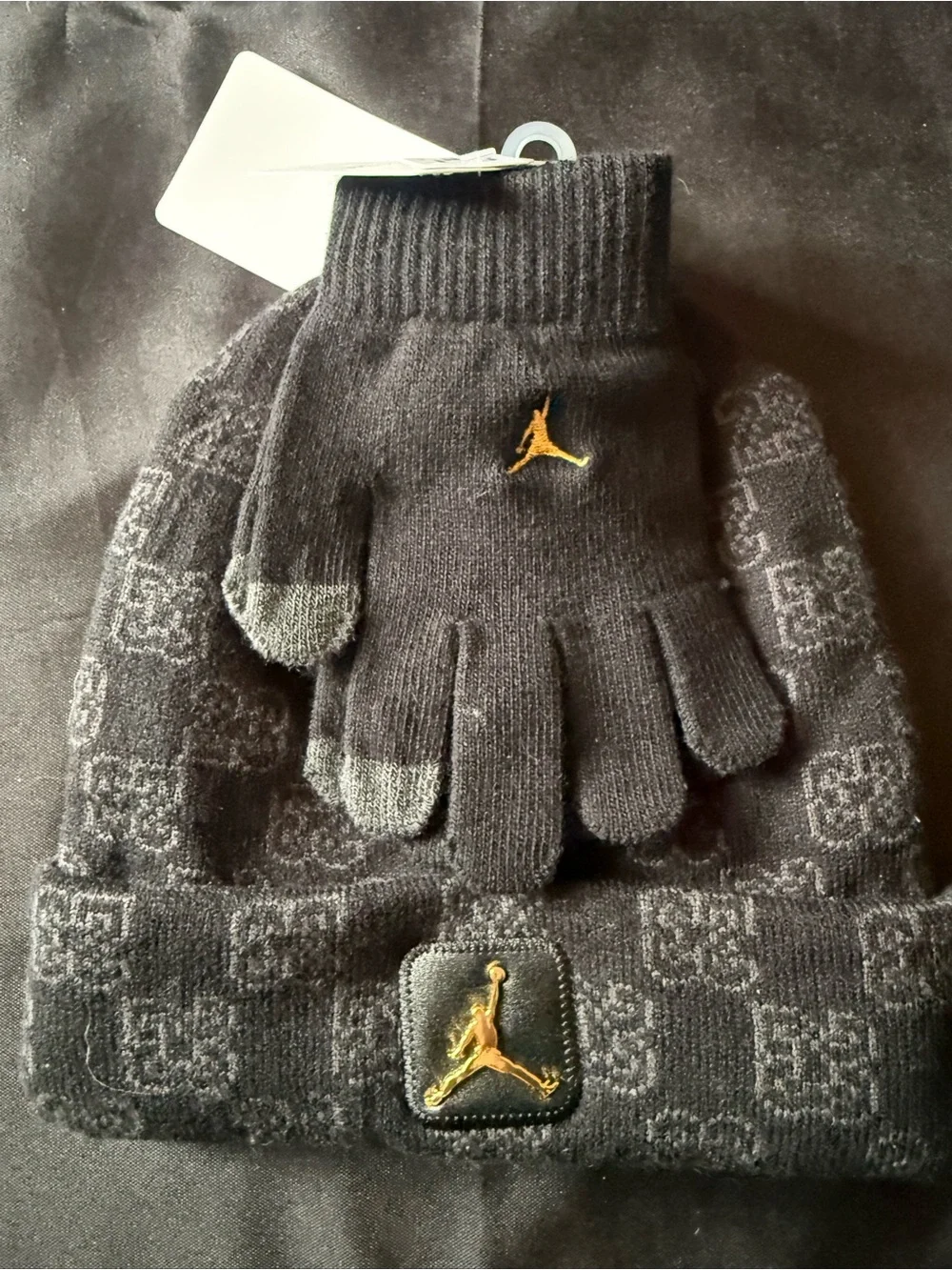 New Black Jordan Knit Beanie and Gloves Set - Gold Jumpman Accent